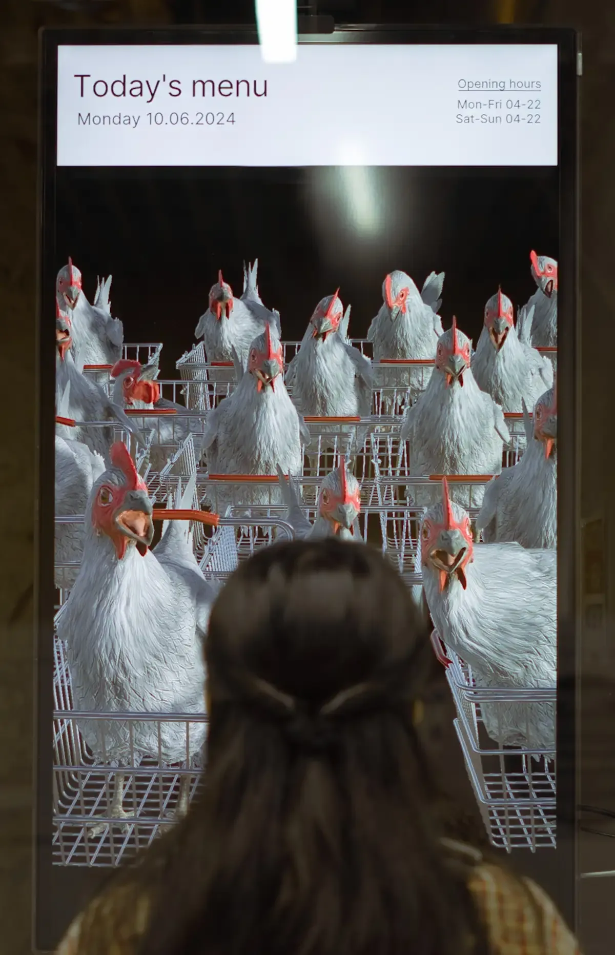 Chicken on a monitor staring at a person.